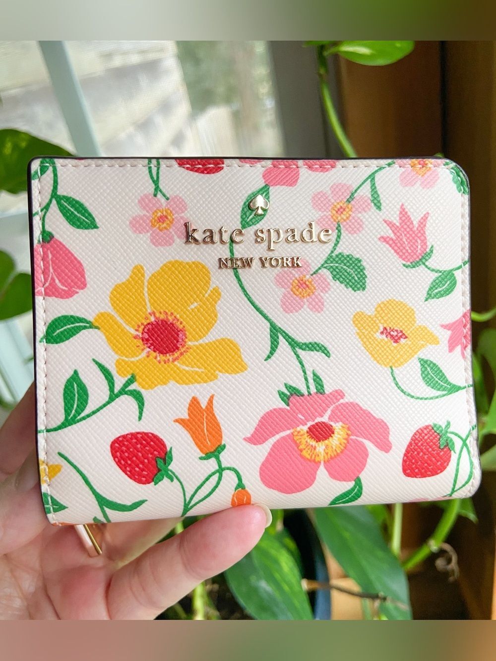 Kate Spade Madison Strawberry Garden Compact Bifold Wallet Whimsical Floral NWOT
